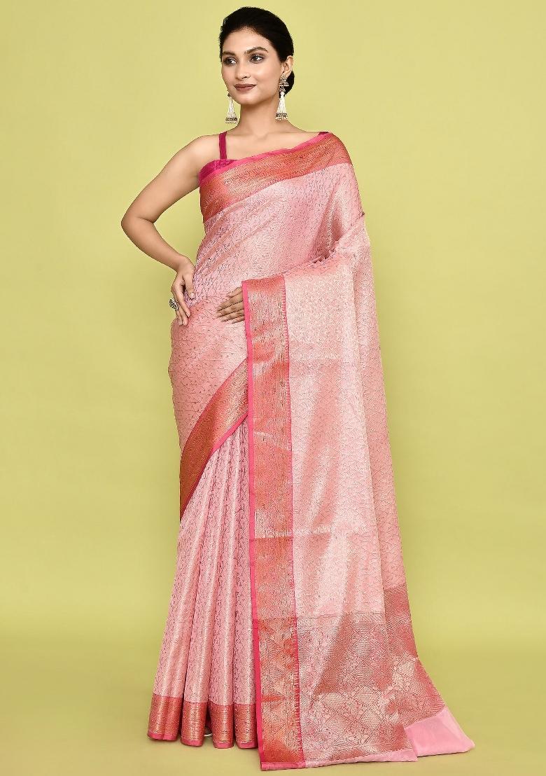Light Pink Embroidererd Banarsi Silk Saree Set