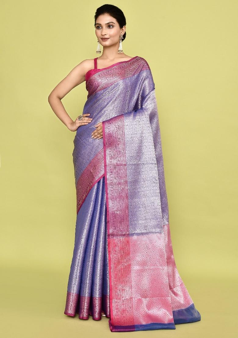 Light Purple Embroidererd Banarsi Silk Saree Set