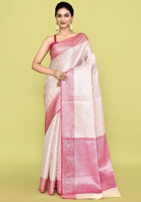 Baby Pink Embroidererd Banarsi Silk Saree Set