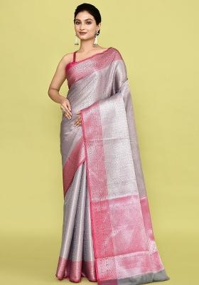 Grey Embroidererd Banarsi Silk Saree Set