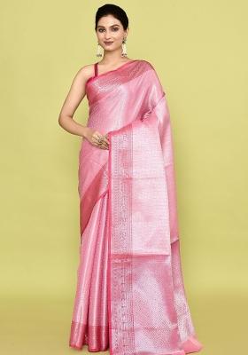 Baby Pink Embroidererd Banarsi Silk Saree Set