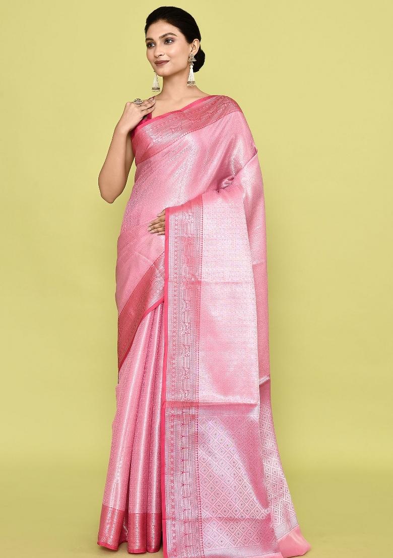 Baby Pink Embroidererd Banarsi Silk Saree Set