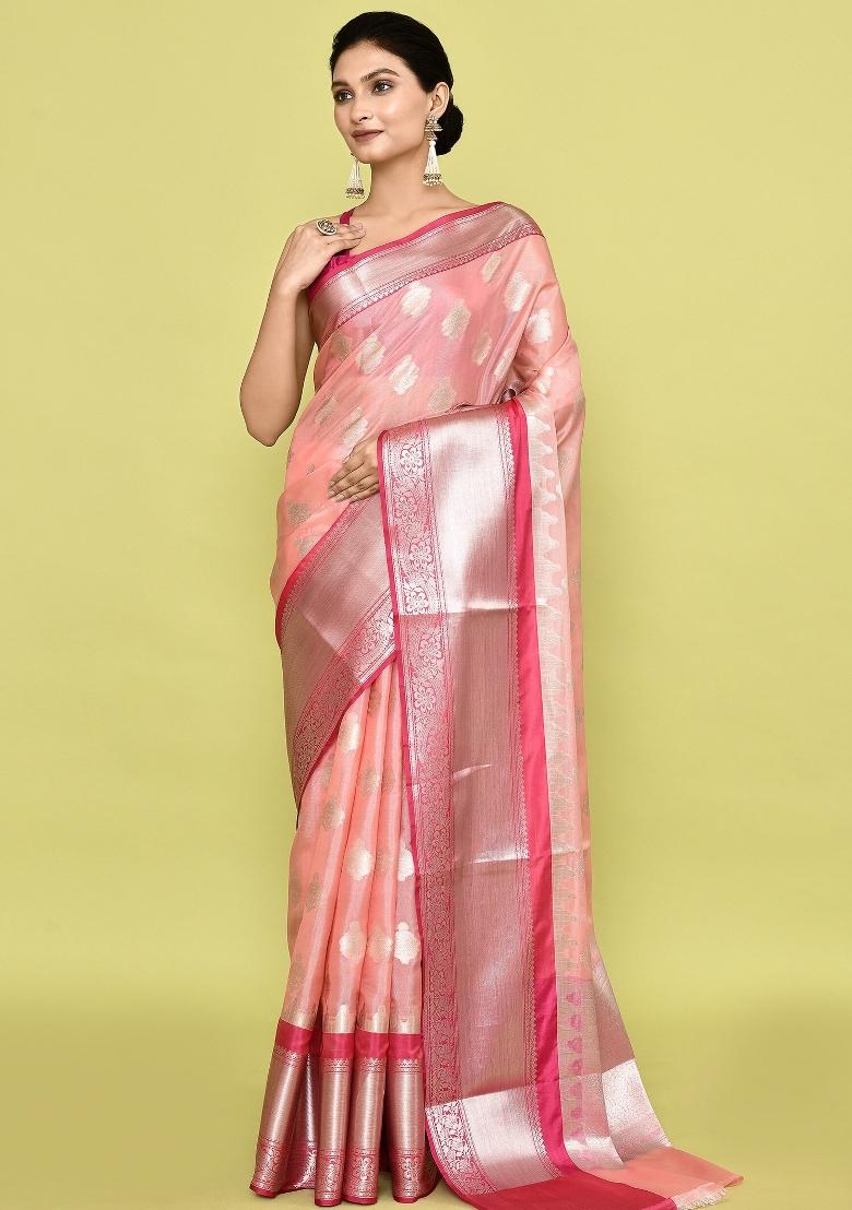 Baby Pink Embroidererd Banarsi Silk Saree Set