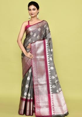 Grey Embroidererd Banarsi Silk Saree Set