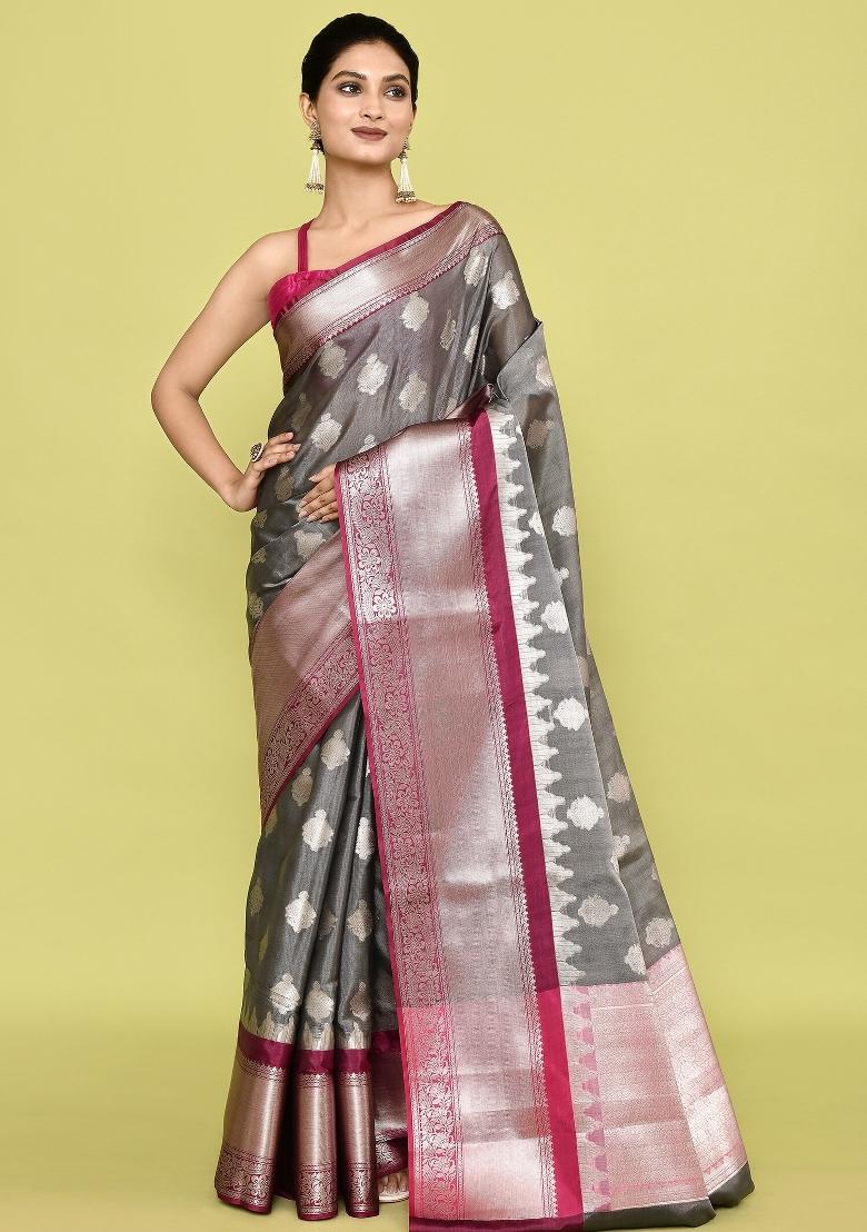 Grey Embroidererd Banarsi Silk Saree Set