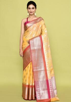 Gold Embroidererd Banarsi Silk Saree Set