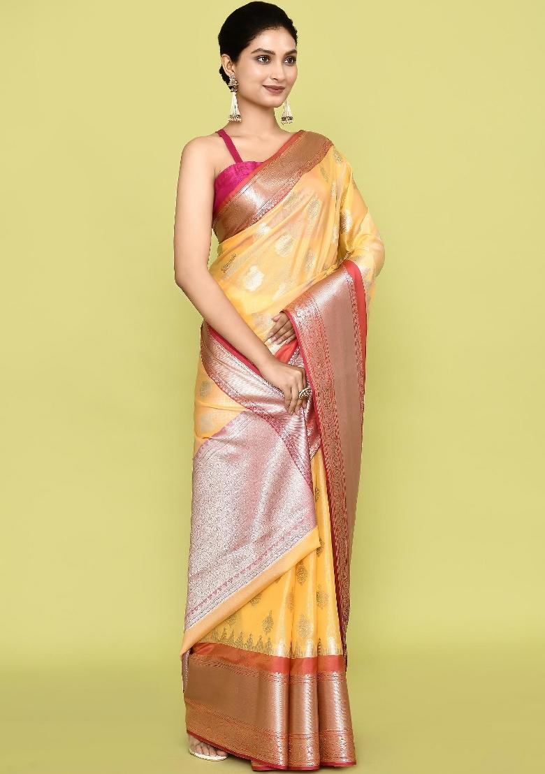 Gold Embroidererd Banarsi Silk Saree Set