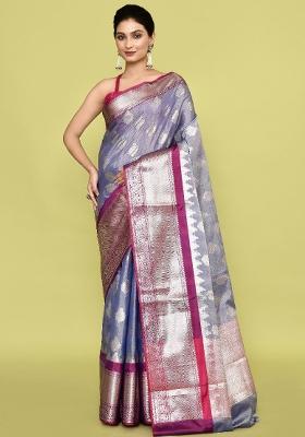 Metalic Silver Embroidererd Banarsi Silk Saree Set