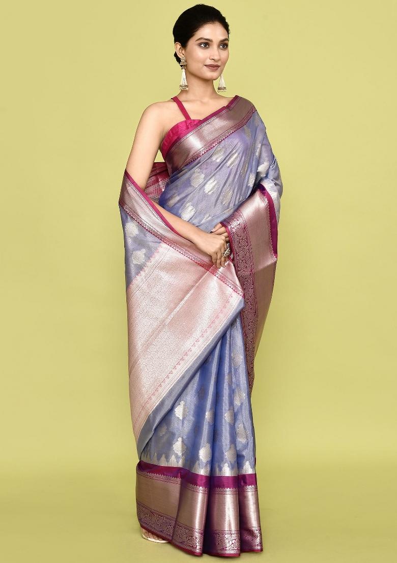 Metalic Silver Embroidererd Banarsi Silk Saree Set