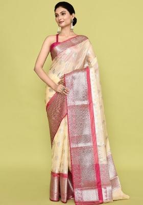 Yellow And Pink Embroidererd Banarsi Silk Saree Set