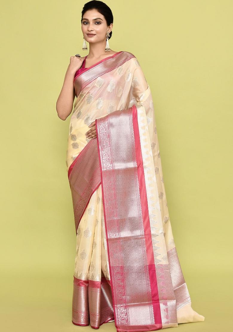 Yellow And Pink Embroidererd Banarsi Silk Saree Set