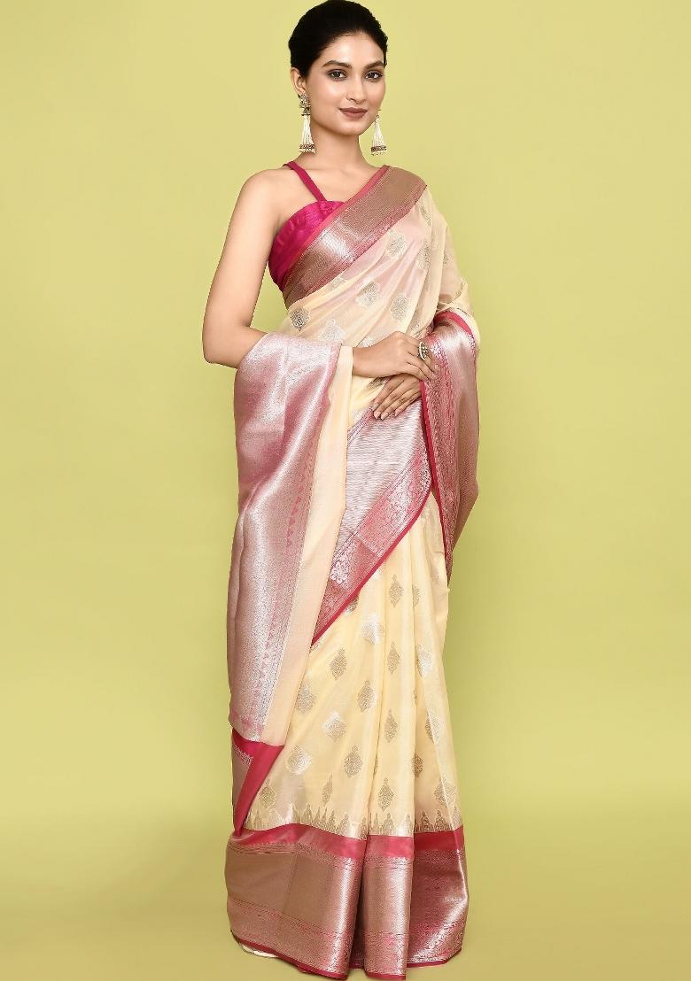 Yellow And Pink Embroidererd Banarsi Silk Saree Set