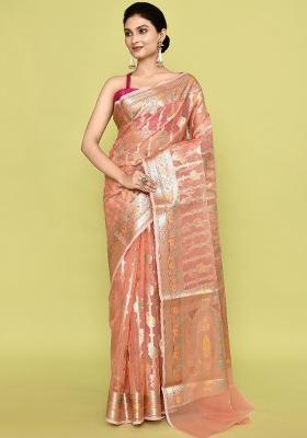 Rust Brown Embroidererd Banarsi Silk Saree Set