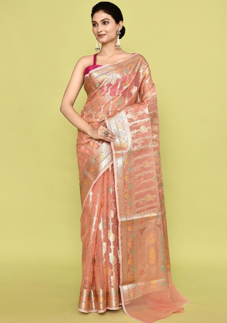 Rust Brown Embroidererd Banarsi Silk Saree Set