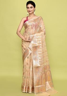 Metalic Yellow Embroidererd Banarsi Silk Saree Set