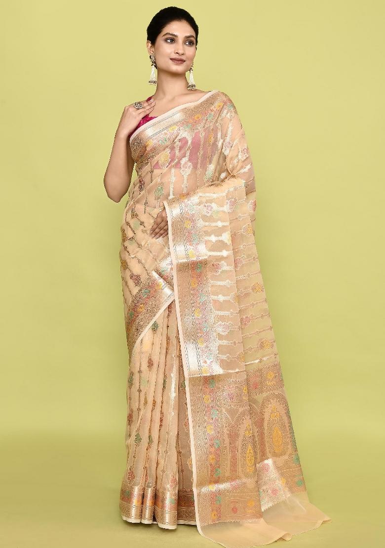 Metalic Yellow Embroidererd Banarsi Silk Saree Set