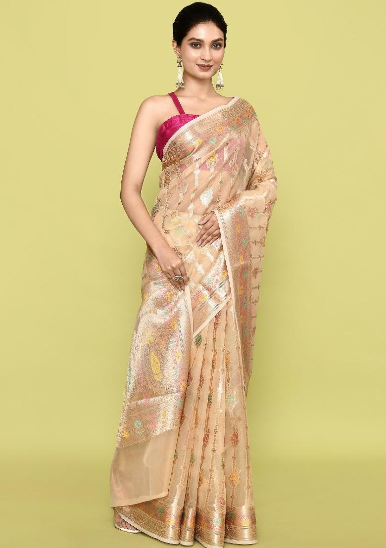 Metalic Yellow Embroidererd Banarsi Silk Saree Set