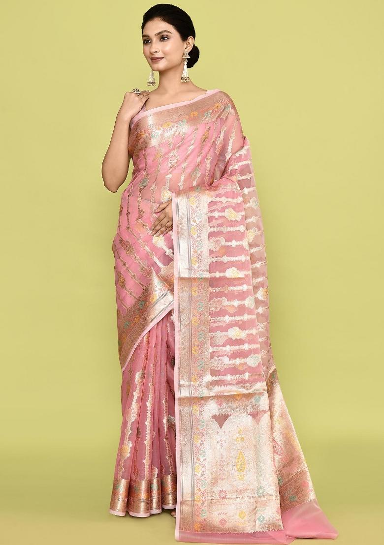 Multicolor Embroidererd Banarsi Silk Saree Set