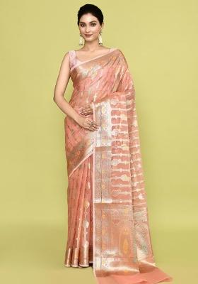 Baby Pink Embroidererd Banarsi Silk Saree Set