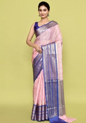 Baby Pink Embroidererd Banarsi Silk Saree Set