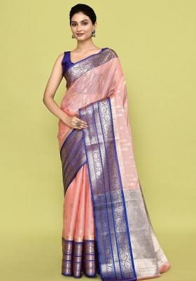 Baby Pink Embroidererd Banarsi Silk Saree Set
