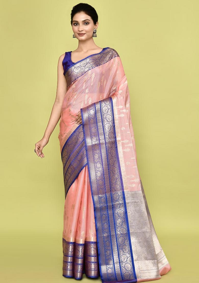 Baby Pink Embroidererd Banarsi Silk Saree Set