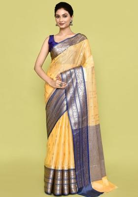 Yellow And Dark Blue Embroidererd Banarsi Silk Saree Set