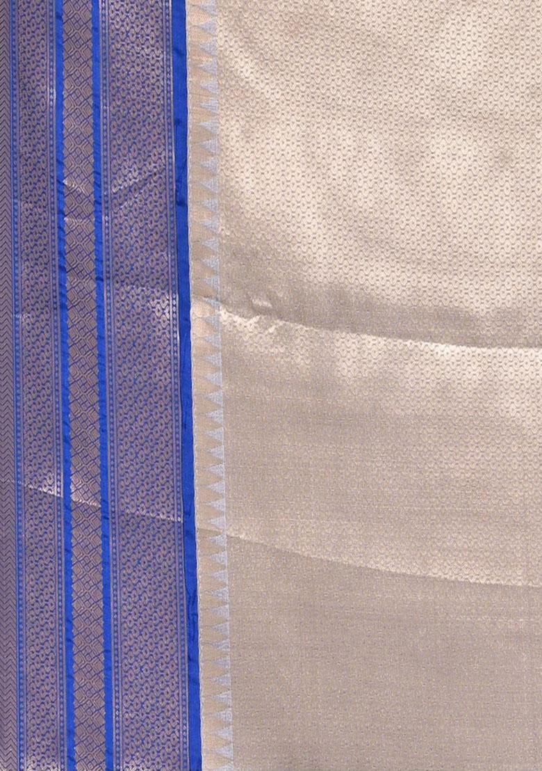 Yellow And Dark Blue Embroidererd Banarsi Silk Saree Set