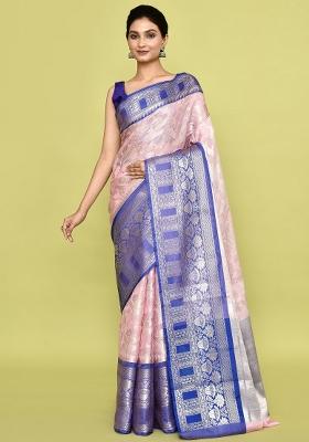 Baby Pink Embroidererd Banarsi Silk Saree Set