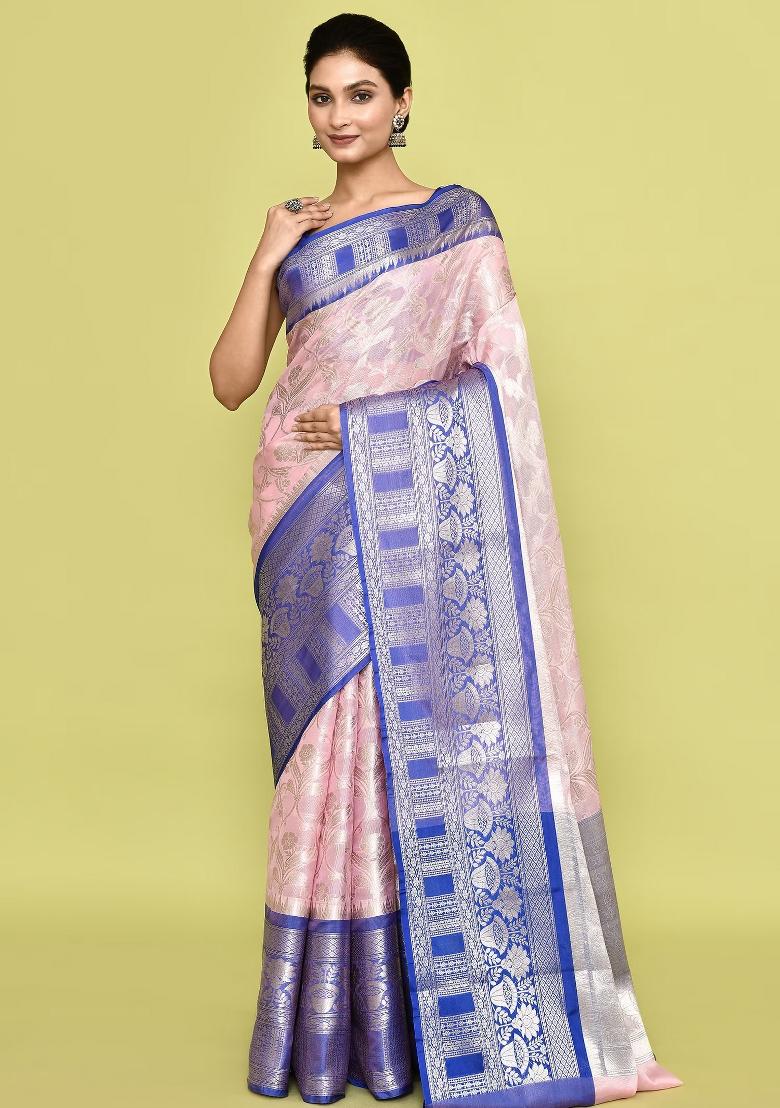 Baby Pink Embroidererd Banarsi Silk Saree Set