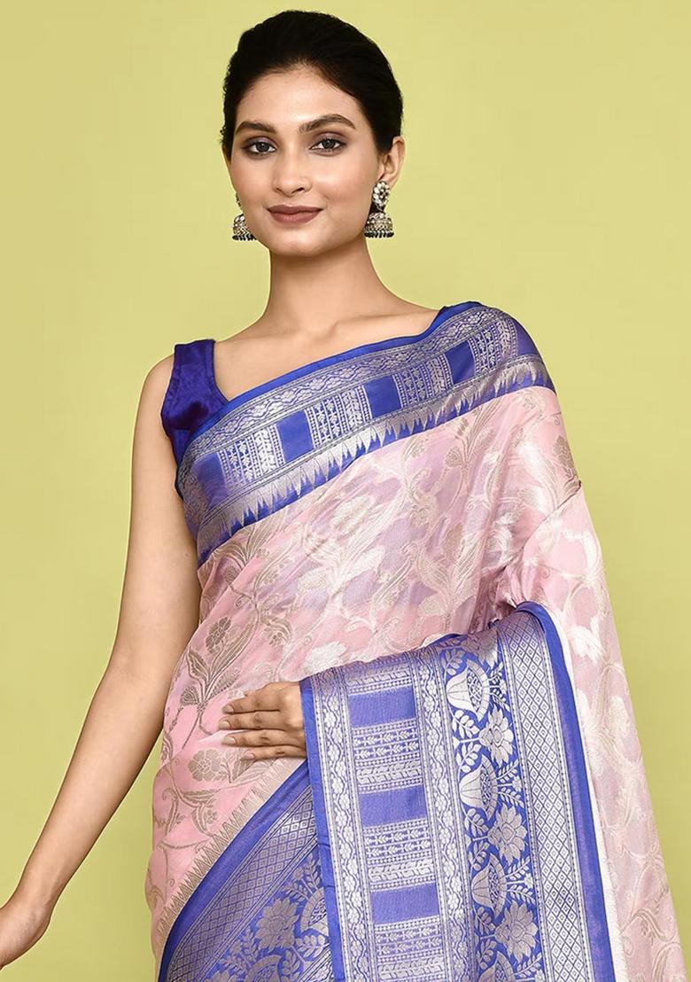 Baby Pink Embroidererd Banarsi Silk Saree Set