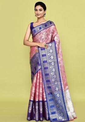 Baby Pink Embroidererd Banarsi Silk Saree Set