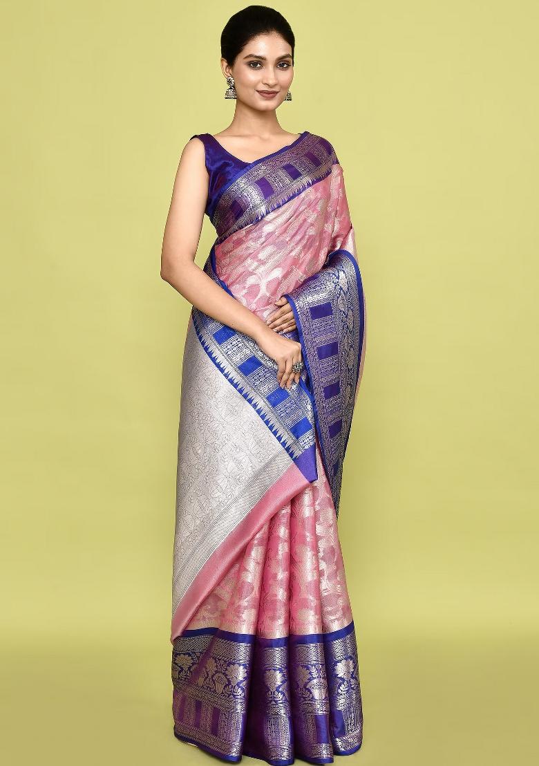 Baby Pink Embroidererd Banarsi Silk Saree Set