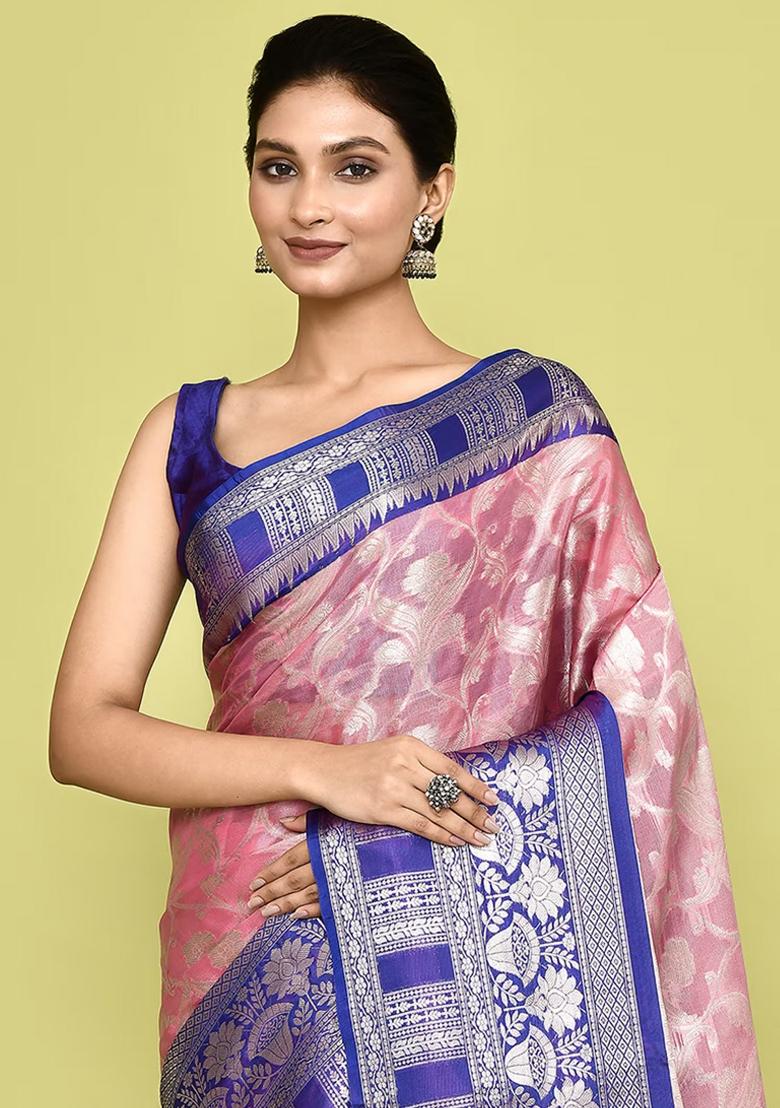 Baby Pink Embroidererd Banarsi Silk Saree Set