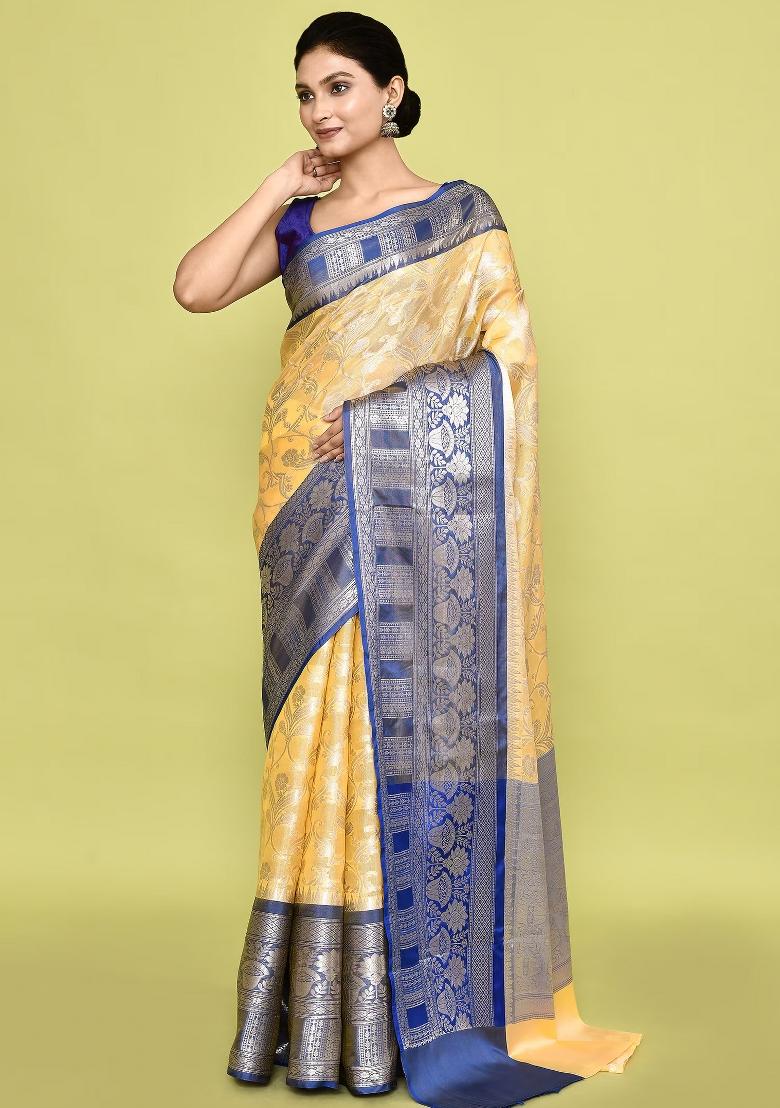 Yellow And Sliver Embroidererd Banarsi Silk Saree Set