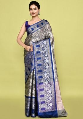 Sliver And Blue Embroidererd Banarsi Silk Saree Set
