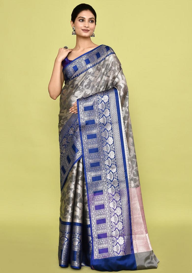 Sliver And Blue Embroidererd Banarsi Silk Saree Set