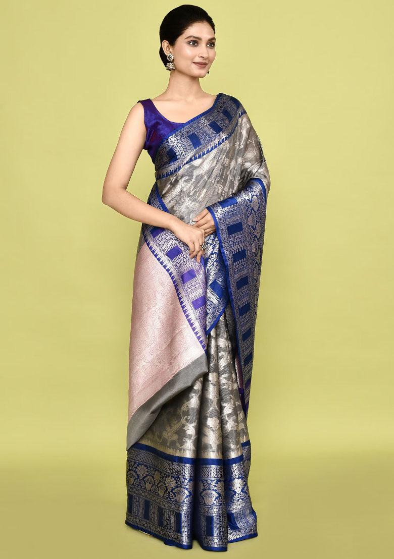 Sliver And Blue Embroidererd Banarsi Silk Saree Set