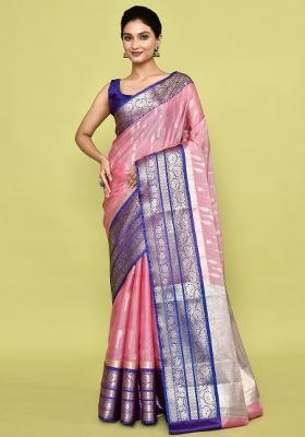 Baby Pink Embroidererd Banarsi Silk Saree Set