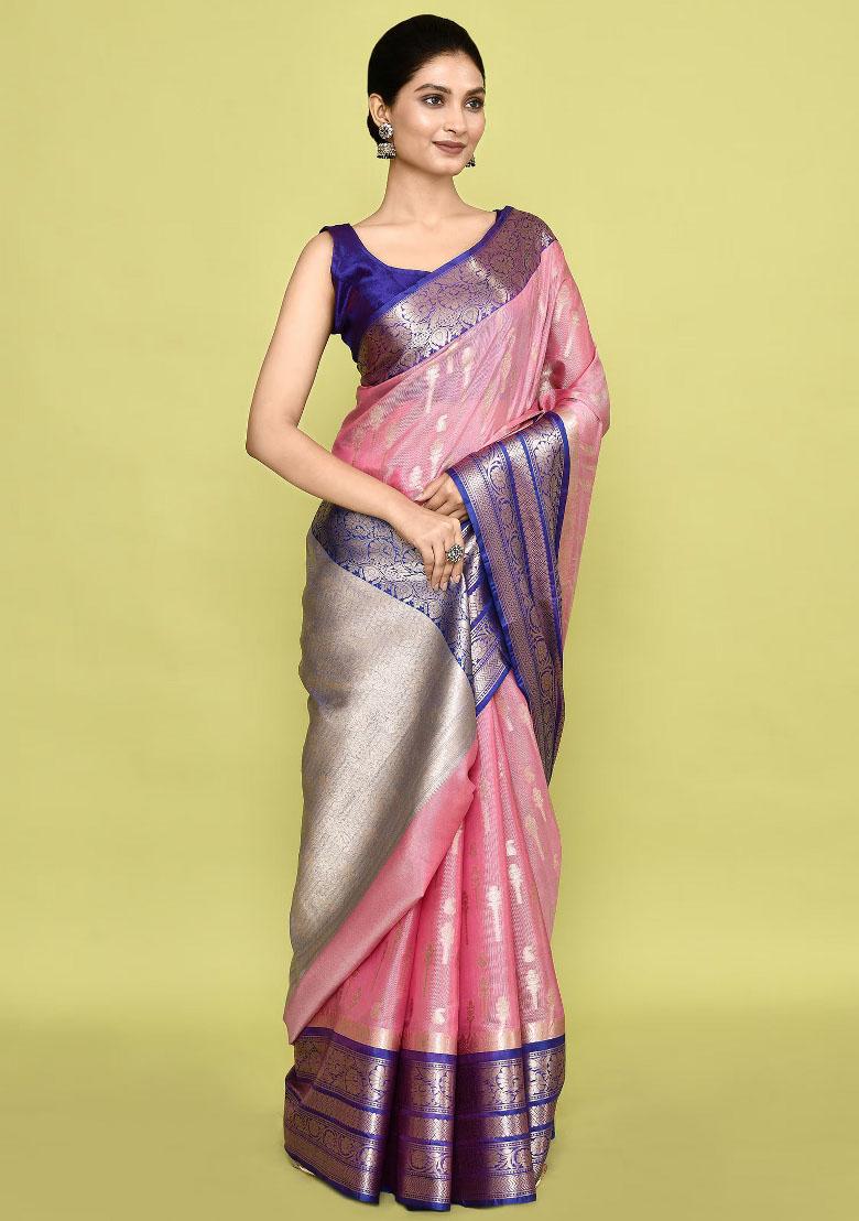 Baby Pink Embroidererd Banarsi Silk Saree Set