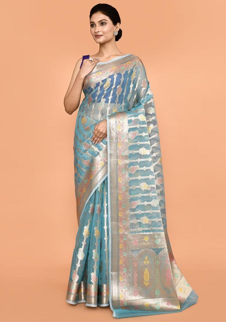 Multi Color Embroidererd Banarsi Silk Saree Set