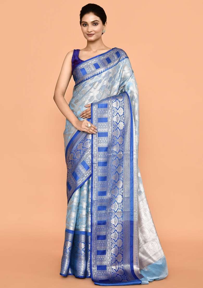 Sliver And Dark Blue Embroidererd Banarsi Silk Saree Set - Indya