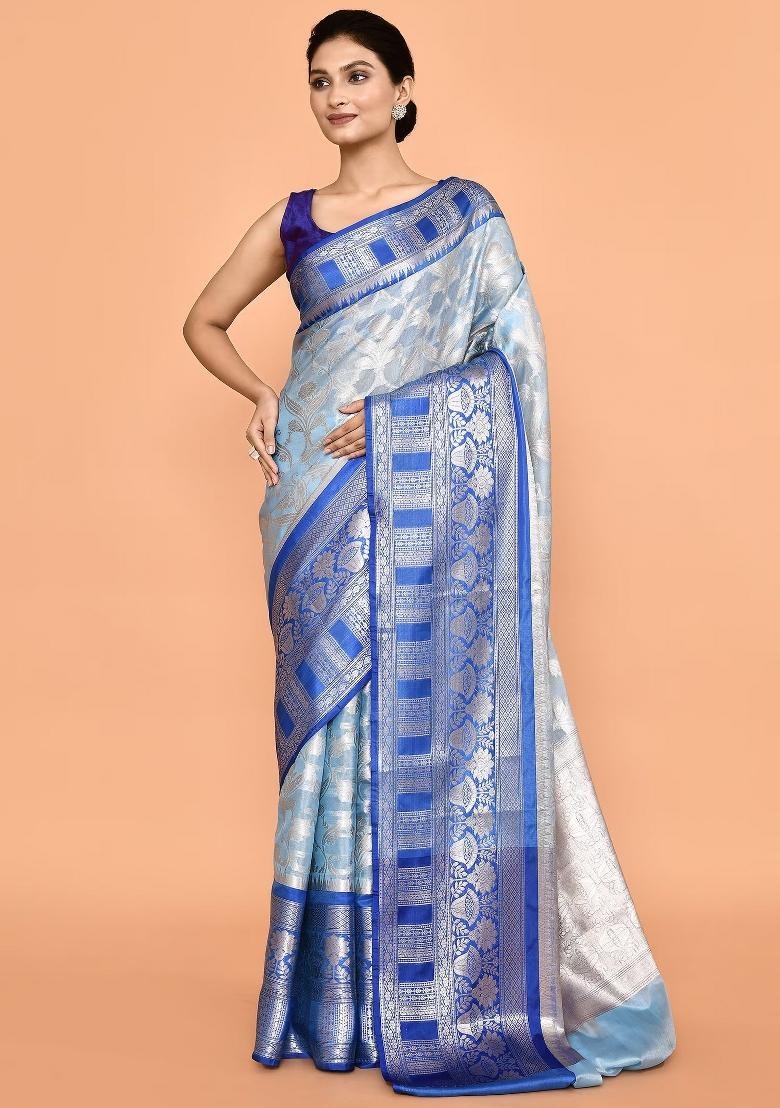 Sliver And Dark Blue Embroidererd Banarsi Silk Saree Set