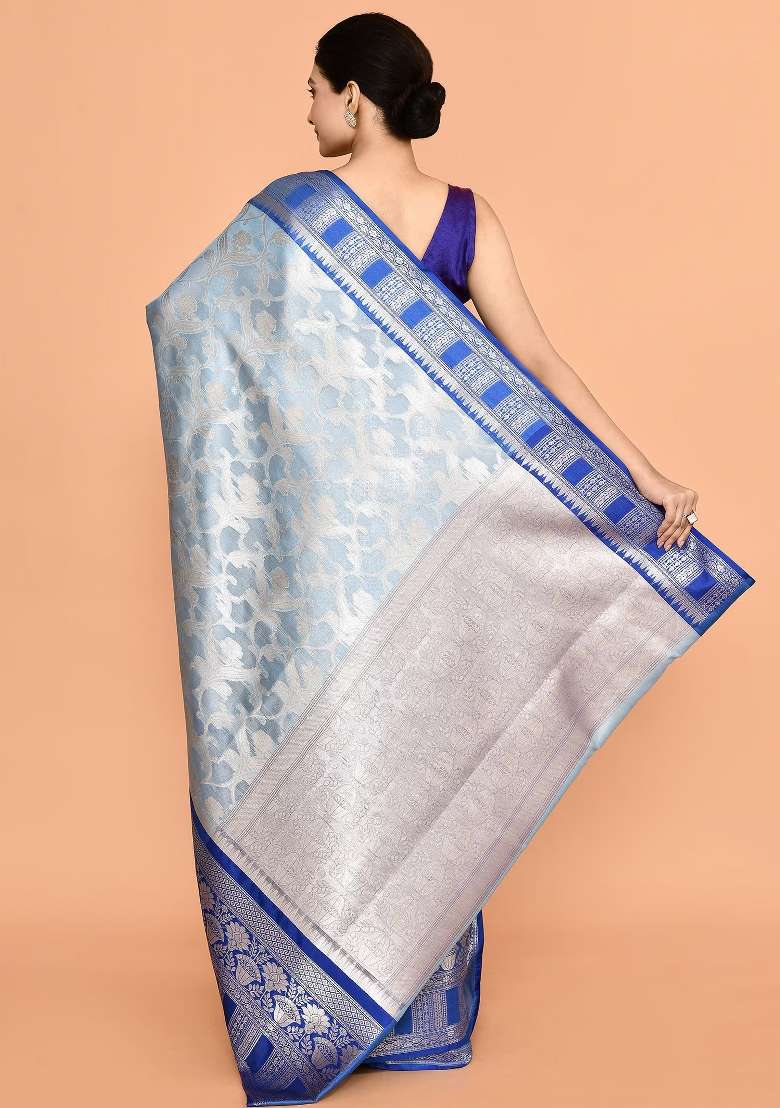 Sliver And Dark Blue Embroidererd Banarsi Silk Saree Set - Indya