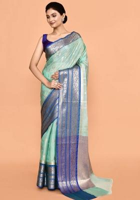 Dark Blue Embroidererd Banarsi Silk Saree Set