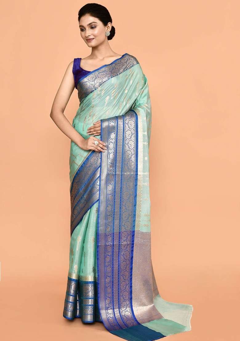 Dark Blue Embroidererd Banarsi Silk Saree Set - Indya