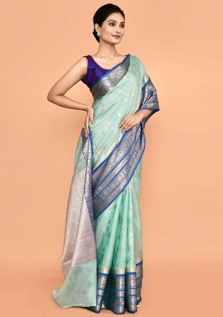 Dark Blue Embroidererd Banarsi Silk Saree Set - Indya