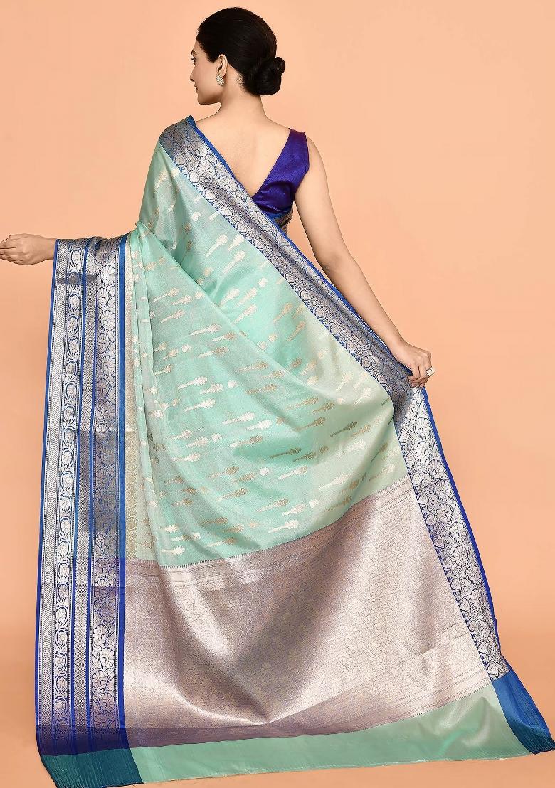 Dark Blue Embroidererd Banarsi Silk Saree Set