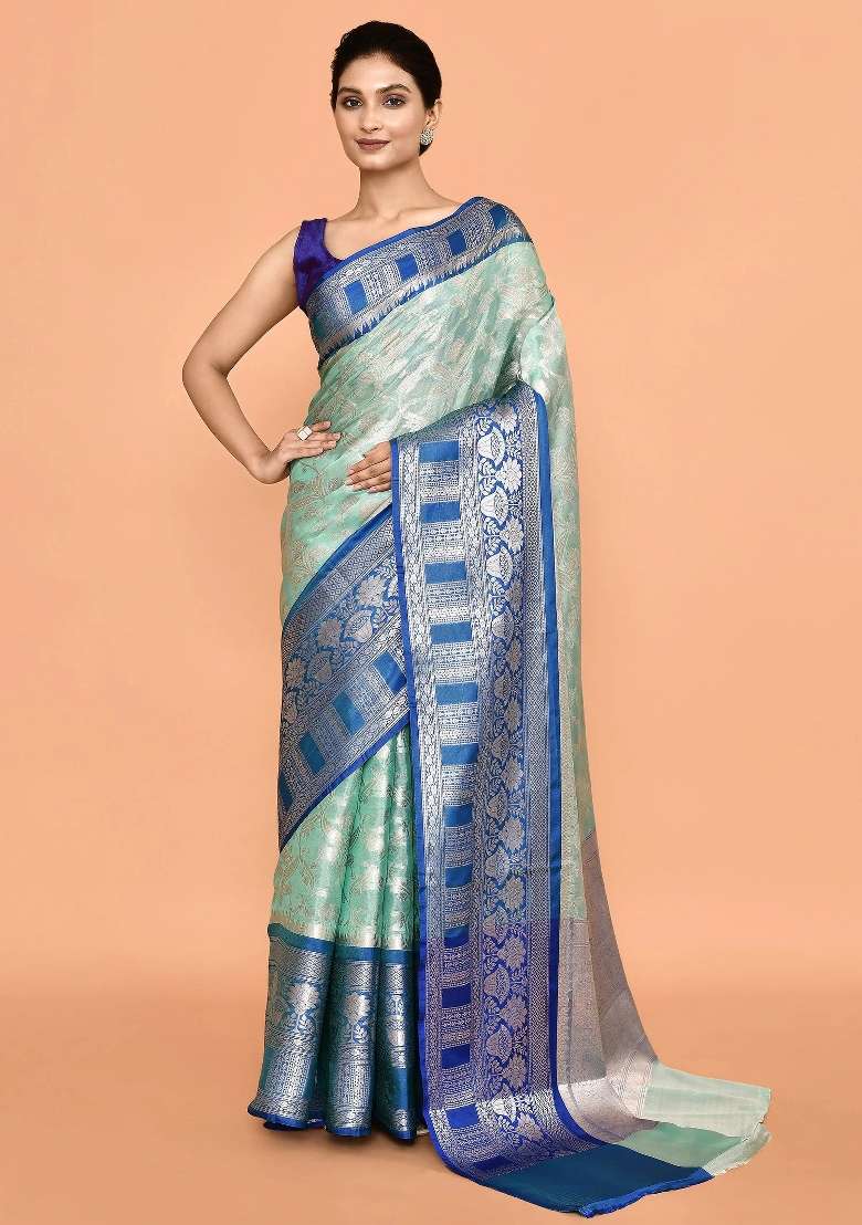 Dark Blue Embroidererd Banarsi Silk Saree Set - Indya
