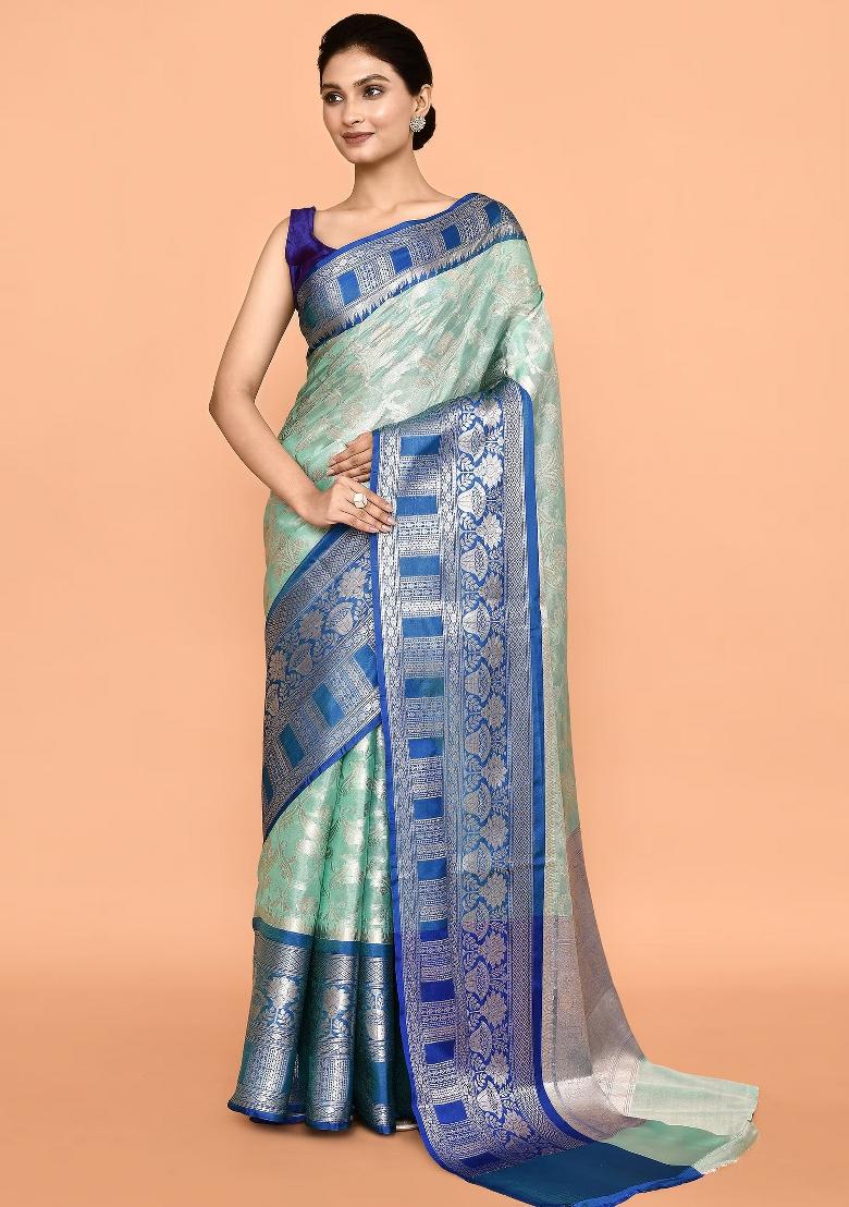 Dark Blue Embroidererd Banarsi Silk Saree Set